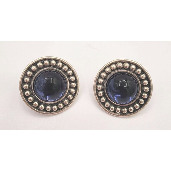 GORGEOUS Vintage Silver Ocean Blue Cabochon Signed Clip-On Earrings Beaded Trim - Picture 2 of 6
